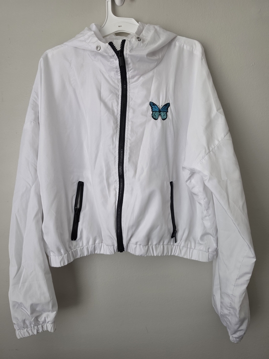 Rue21 Jackets & Blazers - Rue21 White Hooded Bomber Jacket with Blue Butterfly Patch